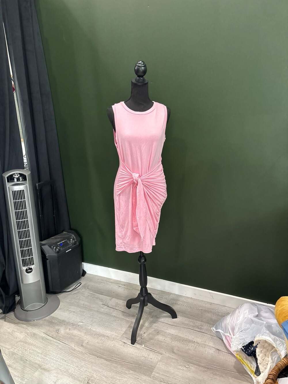 Fashion Pink Sleeveless Front Tie Knot Ruched T-Shirt Dress Size M